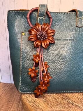 Leather Flower Purse Charm Genuine Leather Brown Daisy Bag Charm FAST SHIP NEW